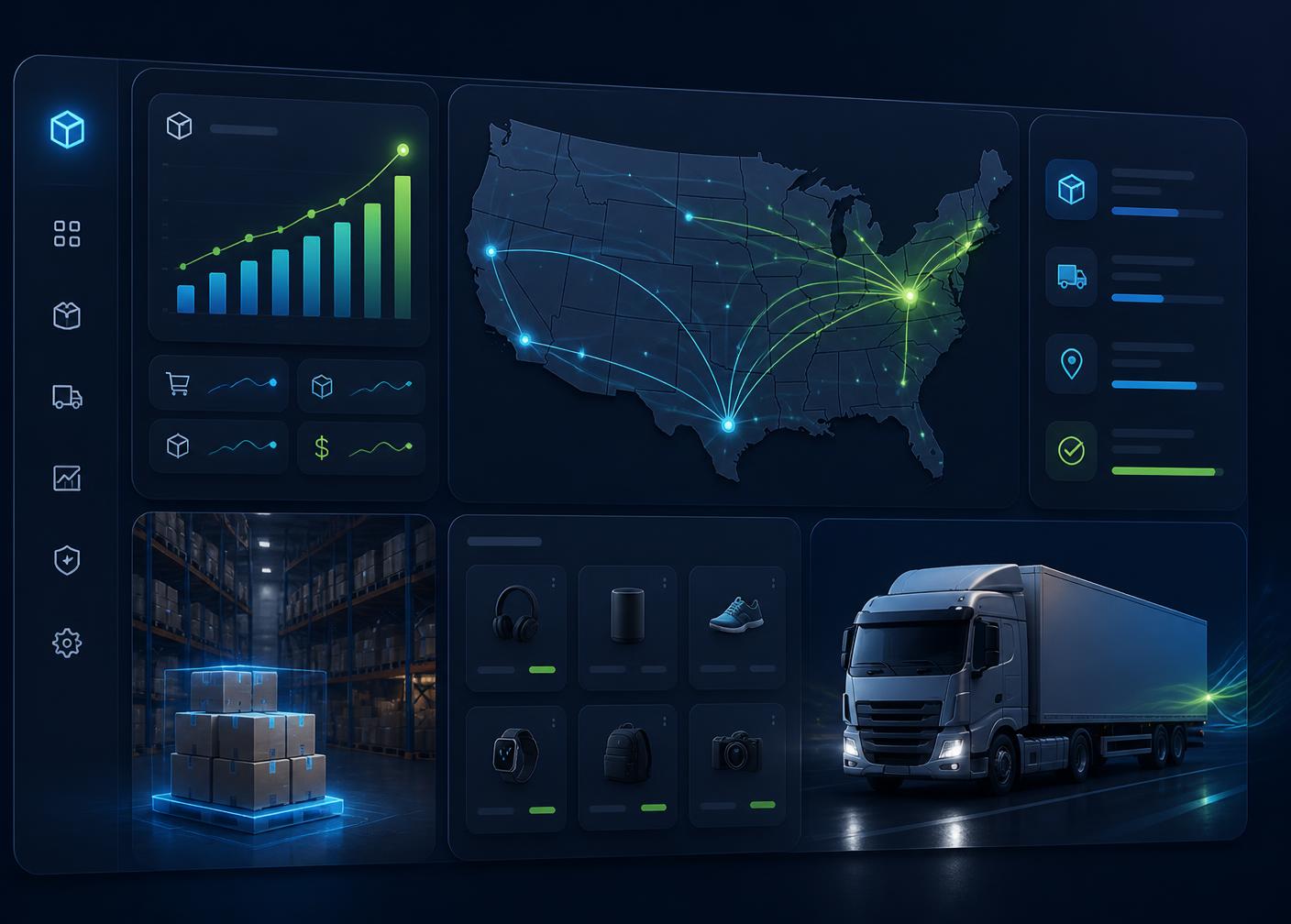 SwiftZone BD warehouse dashboard showing US shipping routes, live order analytics, and same-day fulfillment